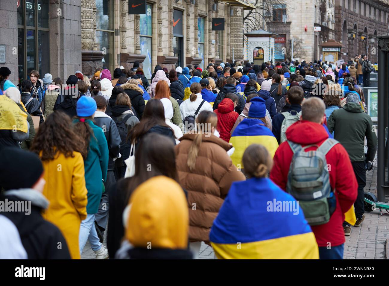 Big crowd of Ukrainian activists marching through the city center ...