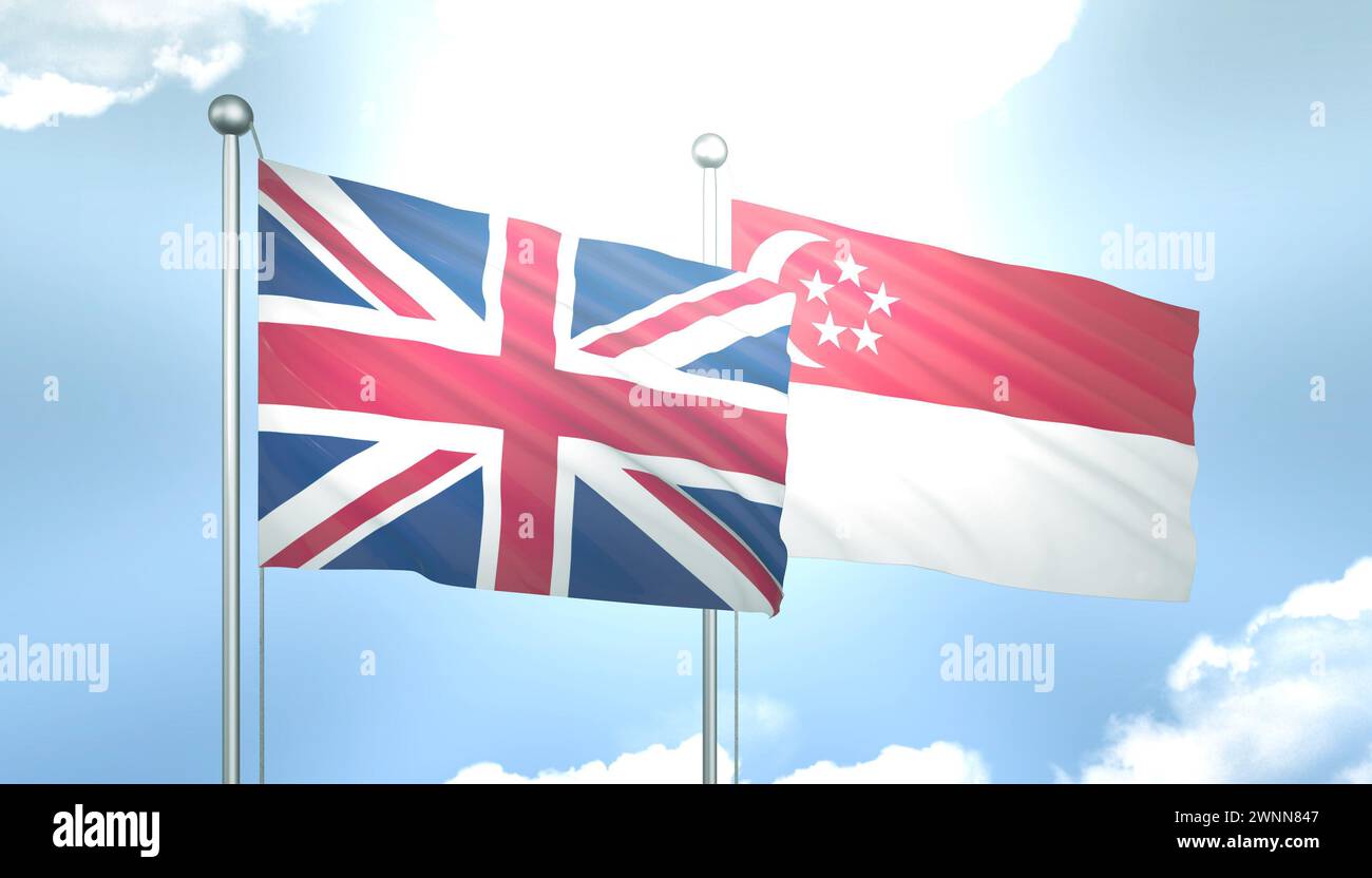 3D Flag of United Kingdom and Singapore on Blue Sky with Sun Shine Stock Photo