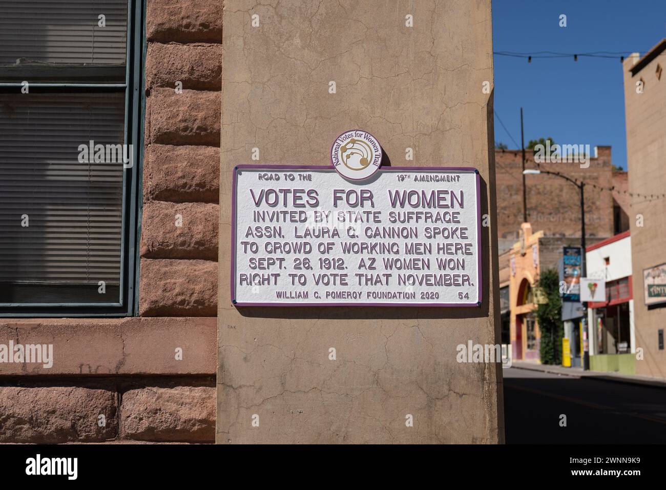 Bisbee, AZ - Oct. 10, 2021: Laura Gregg Cannon, an American lecturer and organizer in the women's suffrage movement, spoke to a crowd of working men h Stock Photo