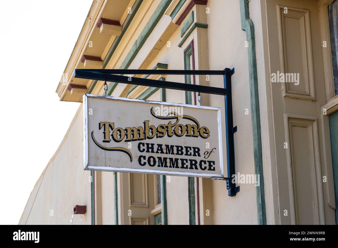 Tombstone, AZ - Oct. 9, 2021: Sign at the Tombstone Chamber of Commerce. Tombstone was a silver mining town best known for the shootout at the O K Cor Stock Photo
