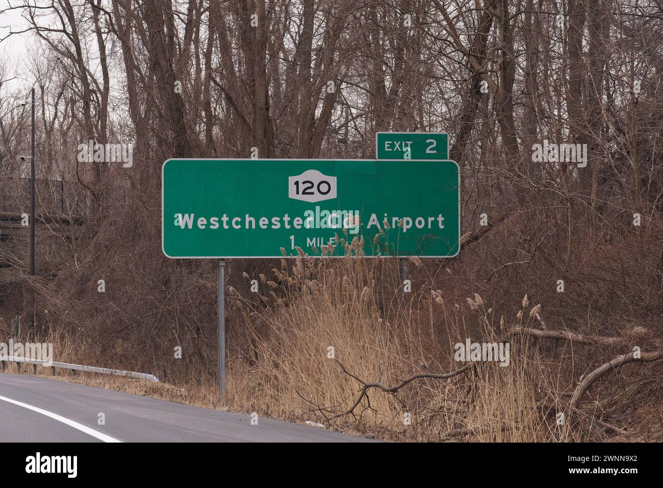 exit 2 sign on I-684 for NY-120 and Westchester County Airport. Westchester County Airport is a county-owned airport in Westchester County, New York Stock Photo