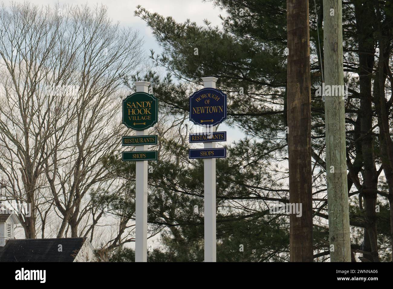 signs in Newtown, Connecticut directing to the Borough of Newtown and Sandy Hook Village