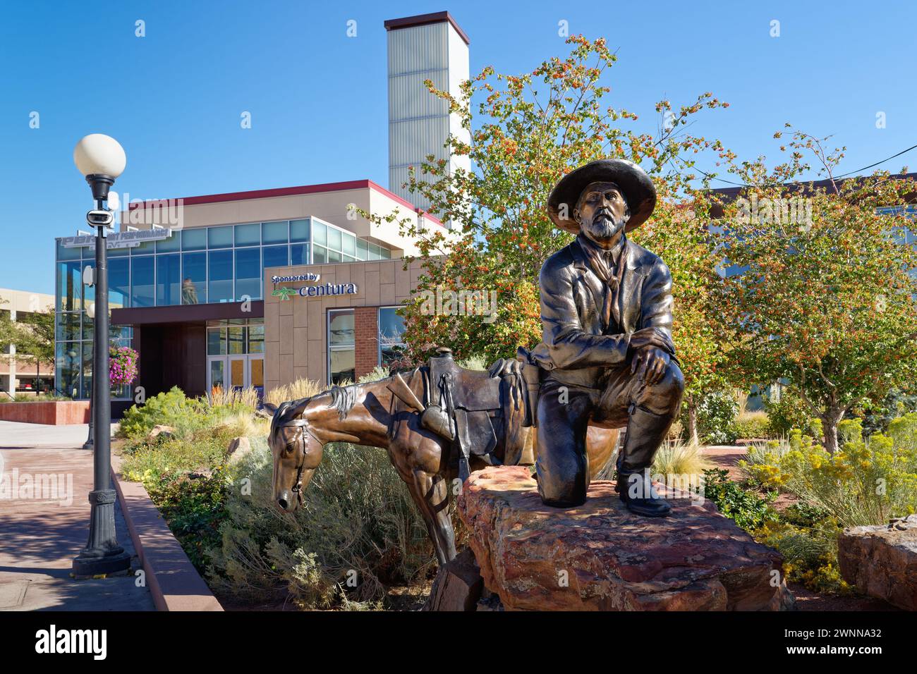 Pueblo, CO - Oct. 7, 2023: 'Charles Goodnight and His Horse' by Dustin Payne is part of the Goodnight-Loving Trail display in the Gateway Park area of Stock Photo