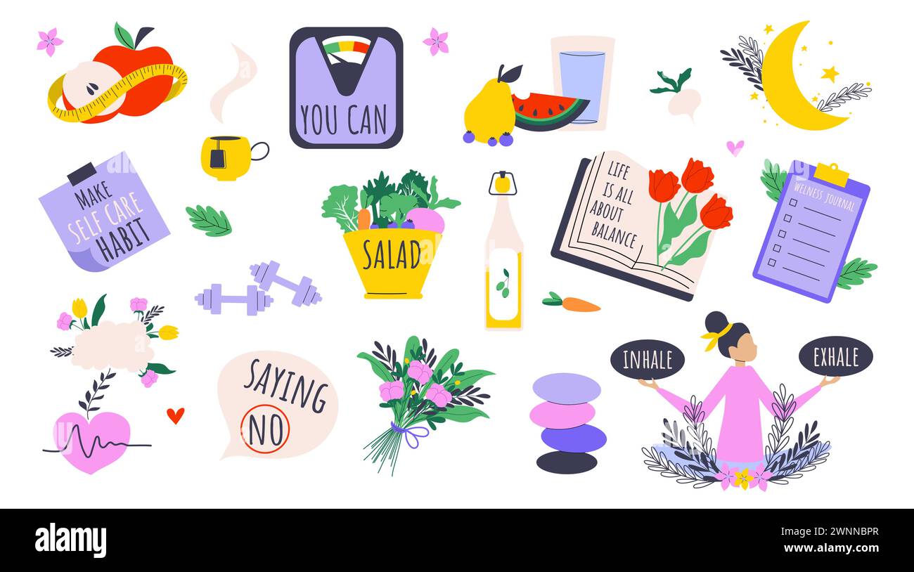 Big set of well being, mindfulness and healthy lifestyle concept Stock ...