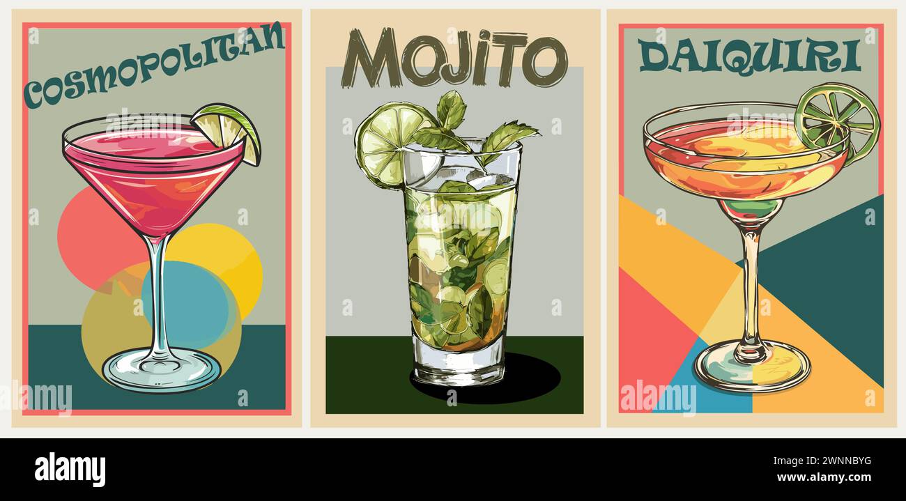Cocktails retro poster prints vector art set. Stock Vector