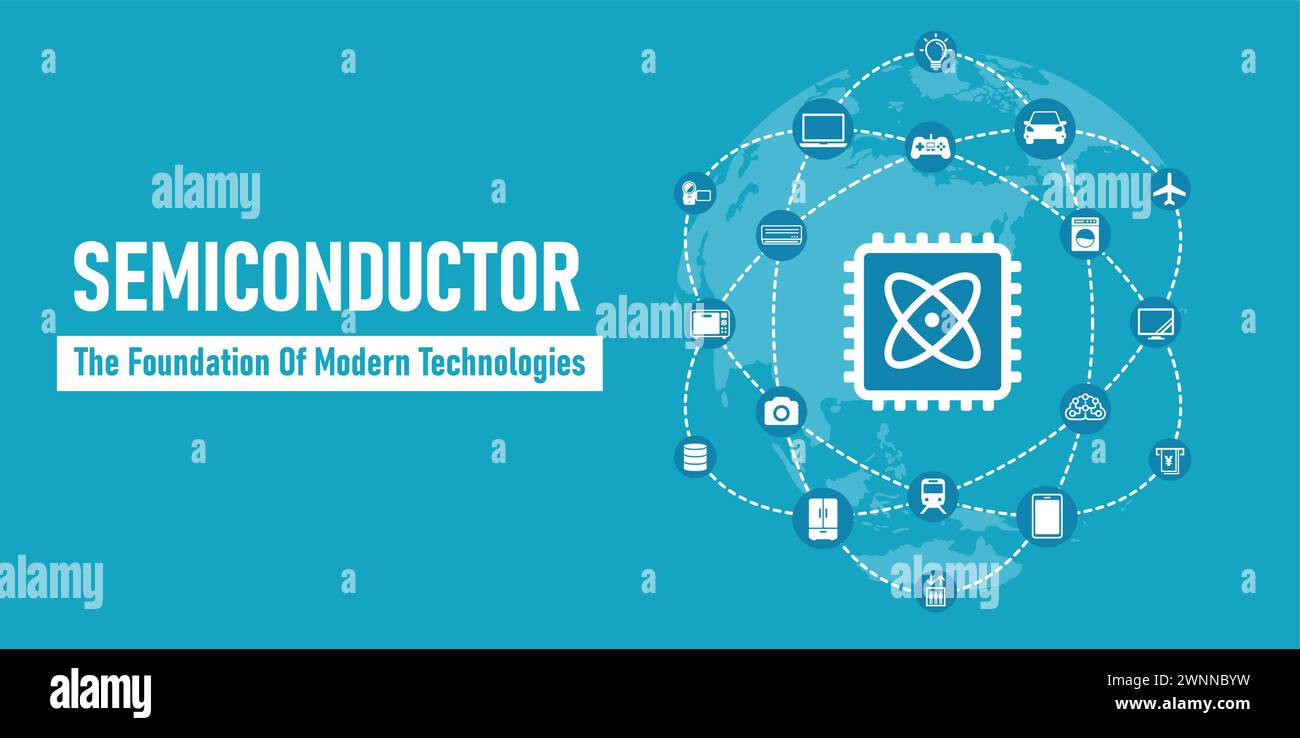 Vector banner illustration of a semiconductor and its applications. Stock Vector