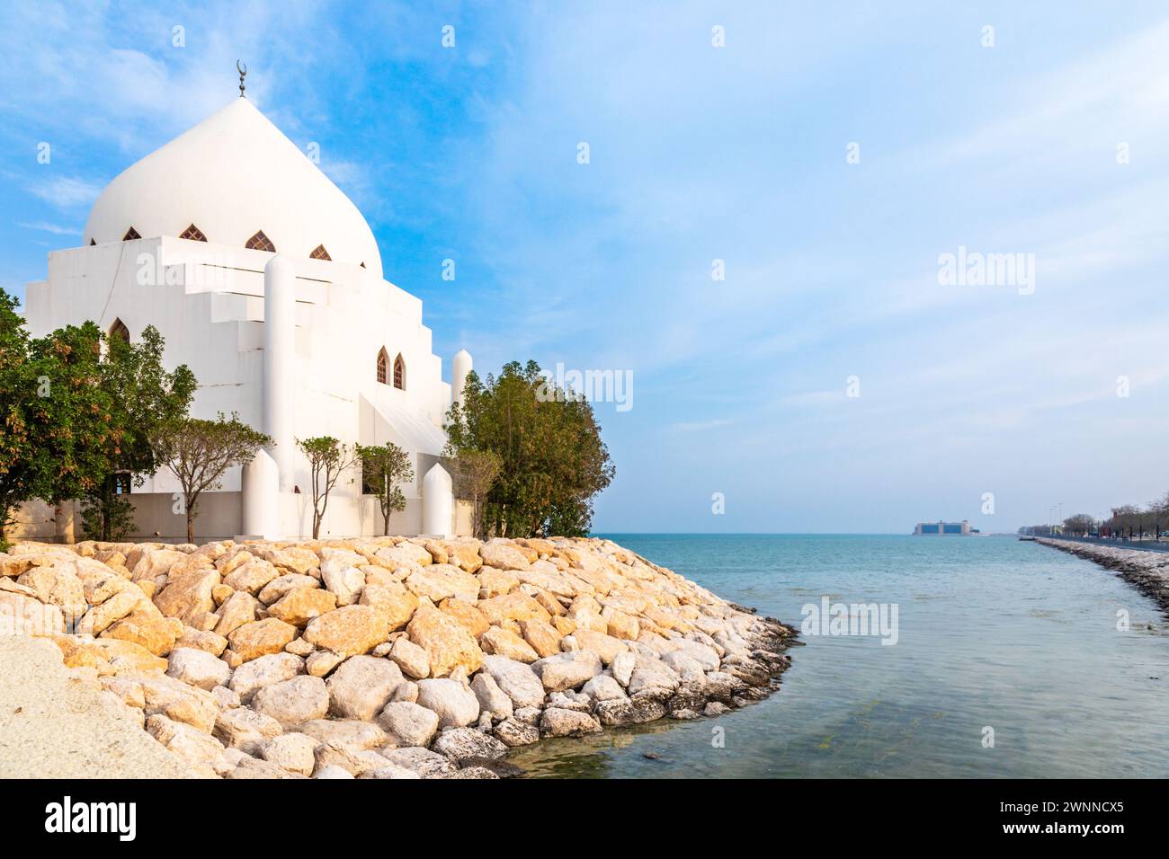 White Salem Bin Laden Mosque built on the island with Persian gulf in the background, Al Khobar