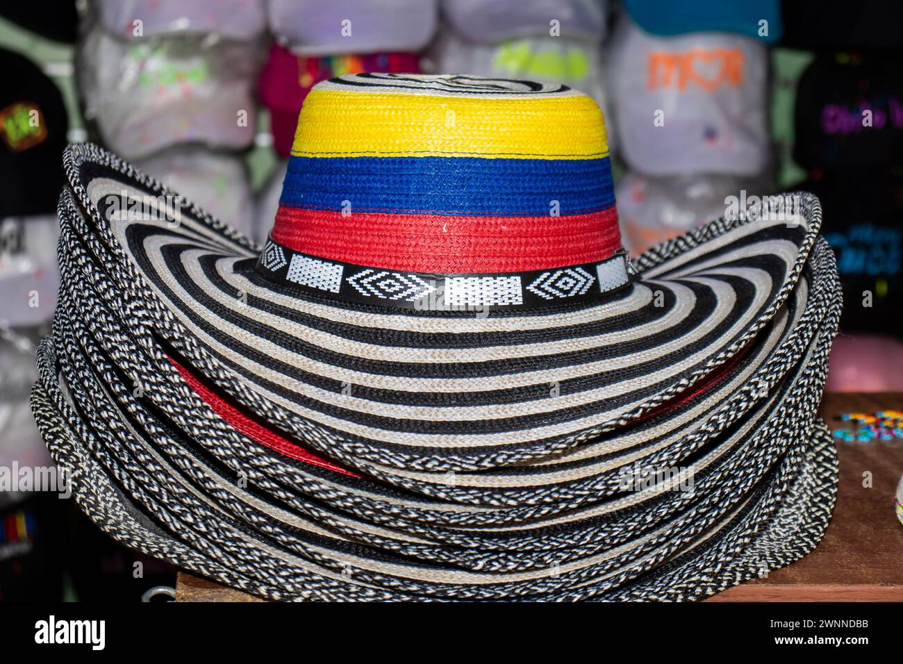 Sell of traditional hats from Colombia called sombrero vueltiao at the