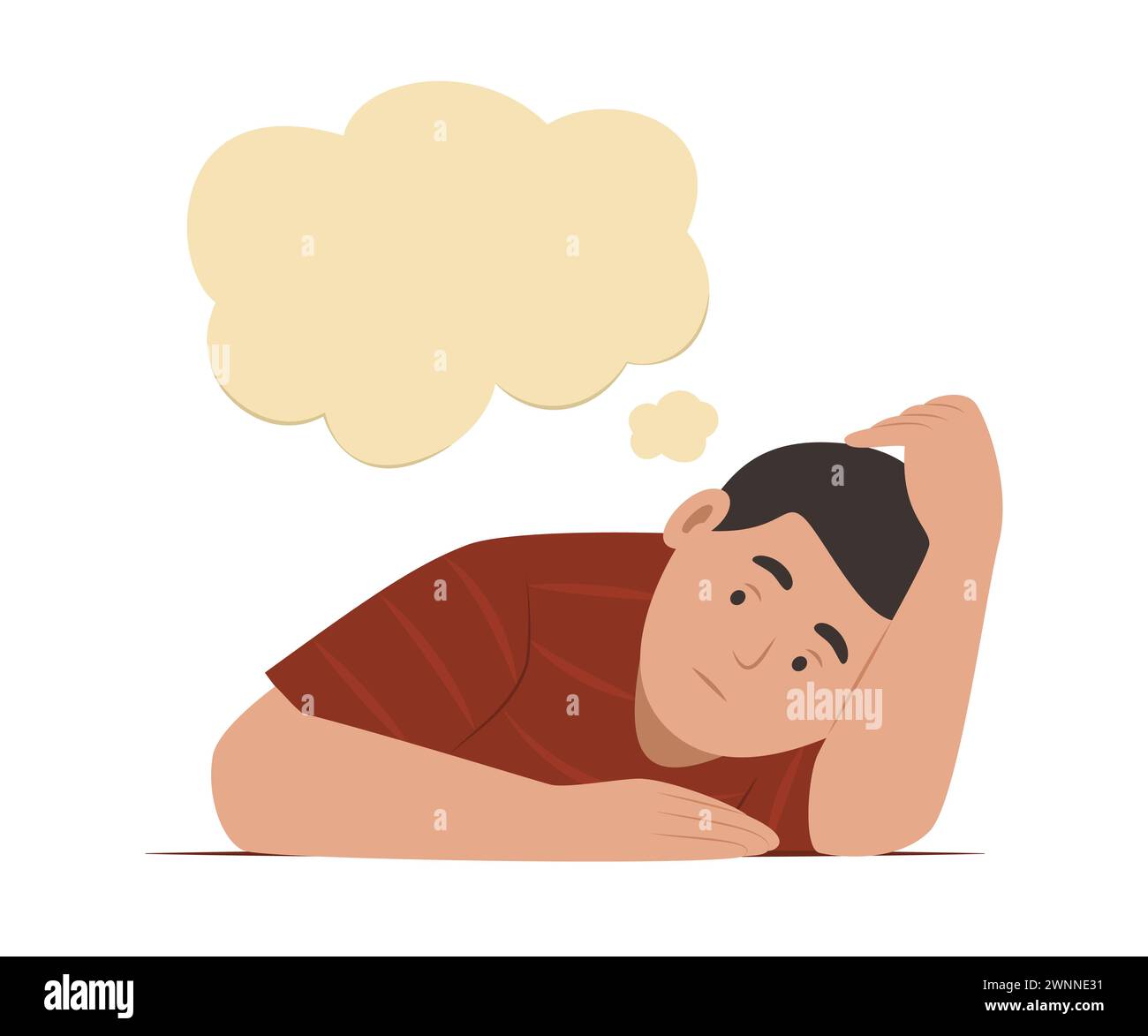Bored Teenage Boy Thinking and Looking Up at Thinking Bubble Concept Illustration Stock Vector