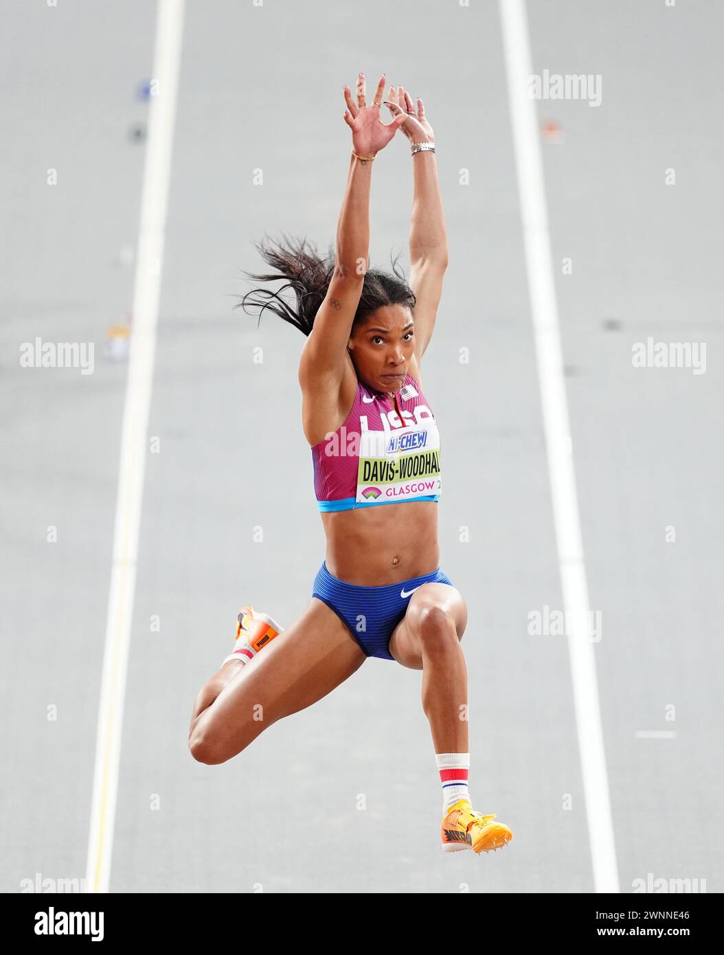 USA's Tara DavisWoodhall in the Women's Long Jump during day three of