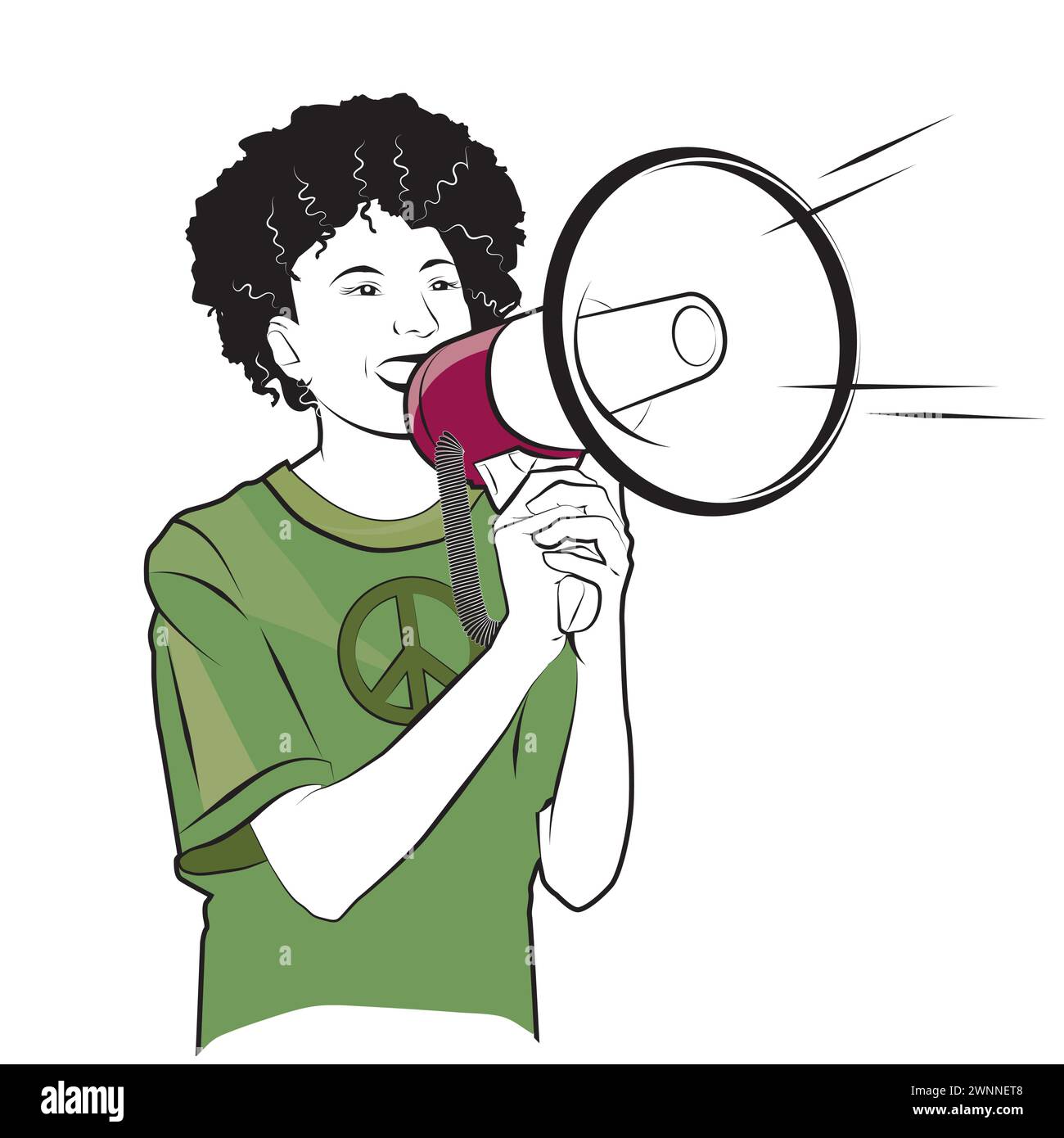 Woman shouting in Illustrated megaphone in linear style Stock Vector