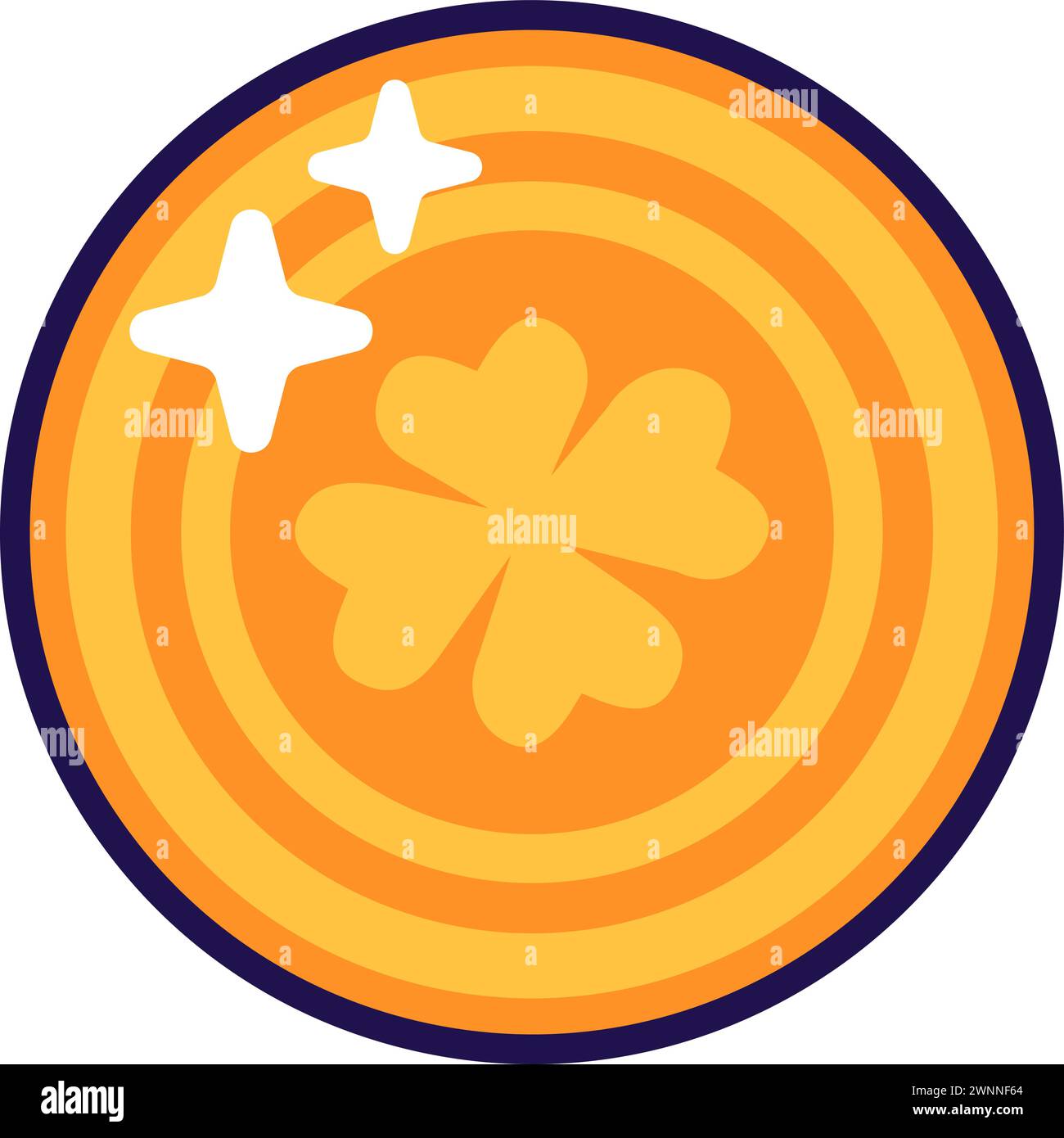 Gold coin engraved with magic four leaf clover. Traditional festive element, attributes of St. Patrick Day. Treasure hunt for fabulous Leprechaun. Car Stock Vector
