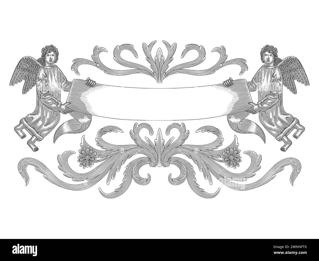 Cupid angel with banner and floral ornament, Vintage engraving drawing style illustration Stock Vector