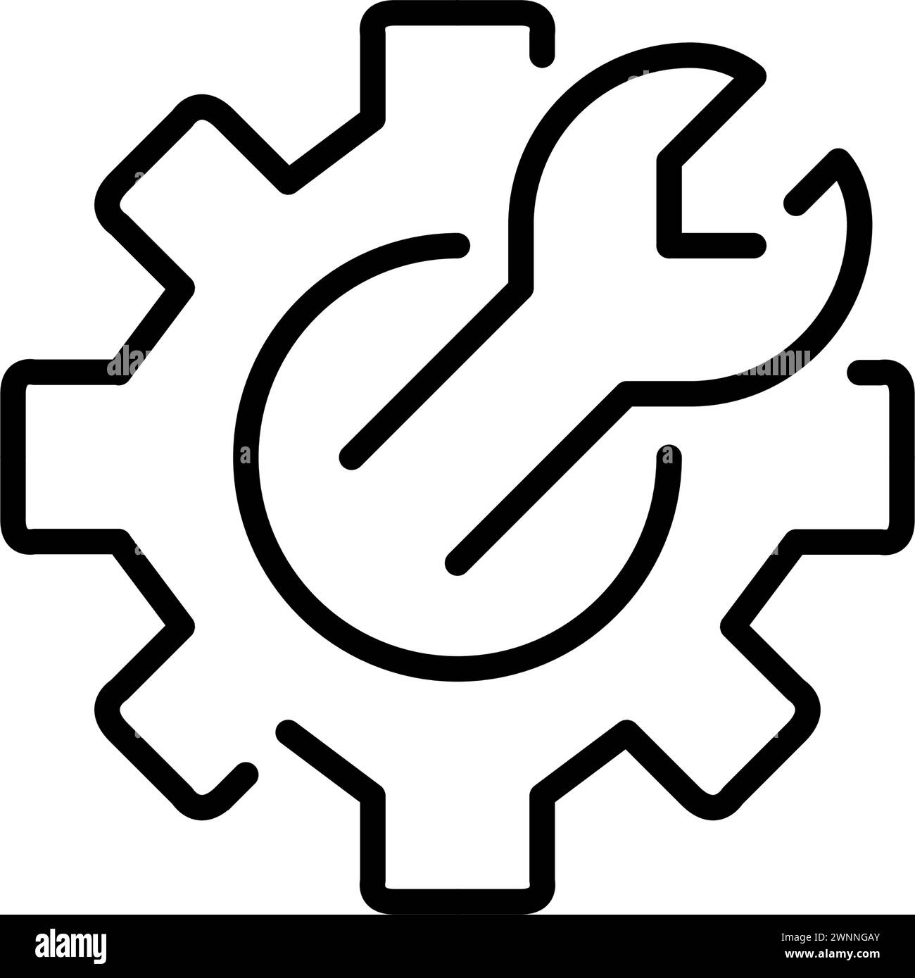 Wrench inside of cogwheel. Efficiency and innovation, productivity, engineering, and problem-solving. Vector icon Stock Vector