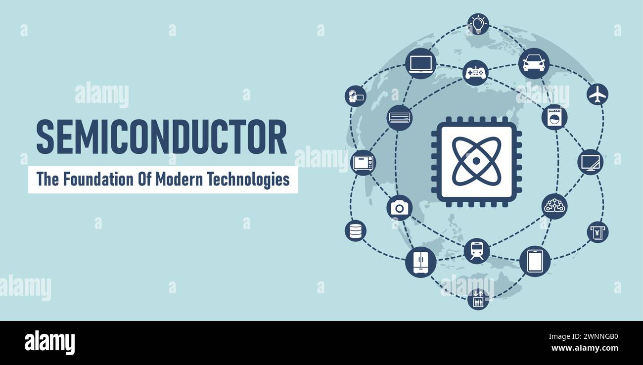 Vector banner illustration of a semiconductor and its applications. Stock Vector