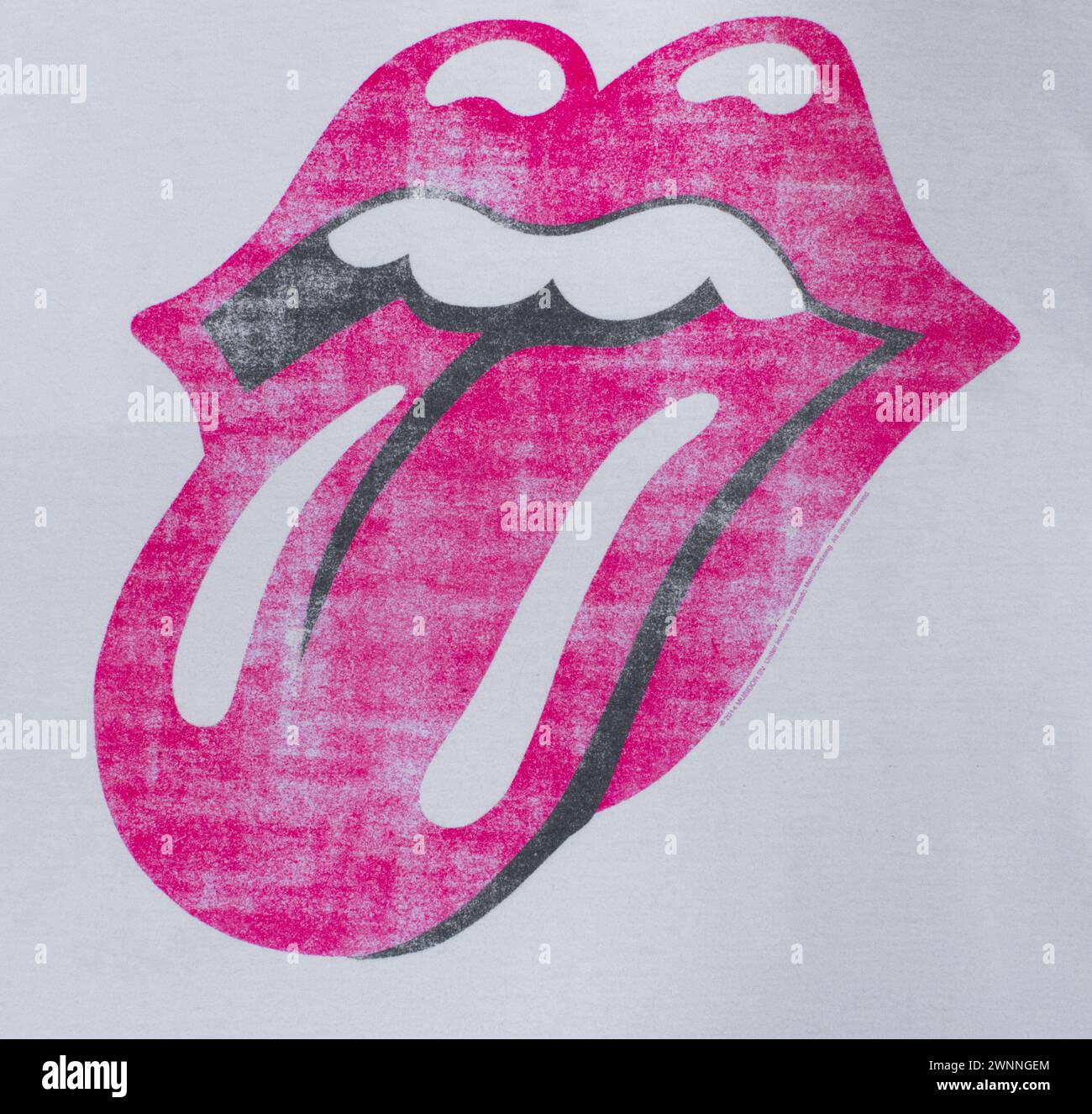 Ocala, Florida February 20, 2024 rock n roll band the Rolling Stones logo Icon hot lips, tongue and mouth based off the Hindu goddess Kali.  Faded red Stock Photo