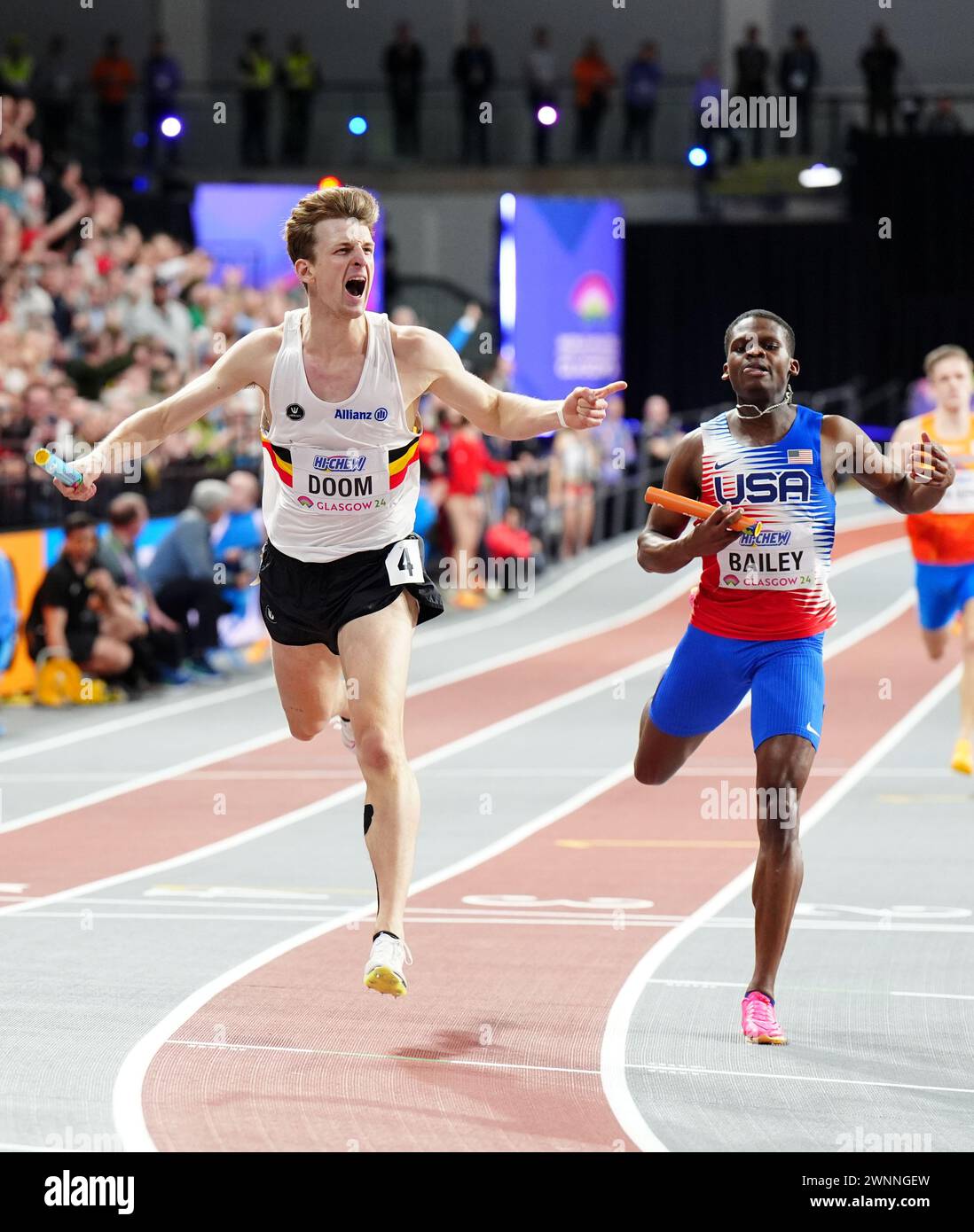 Belgium's Alexander Doom celebrates winning the Men's 4x400m relay