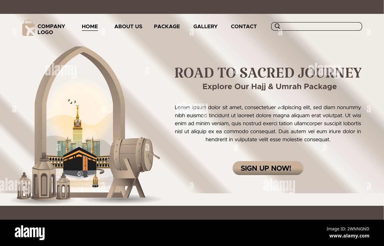Hajj and Umra banner website and landing page. Kaaba and Towers of the Clock', formerly known as Abraj Al Bait illustration in vector. Stock Vector