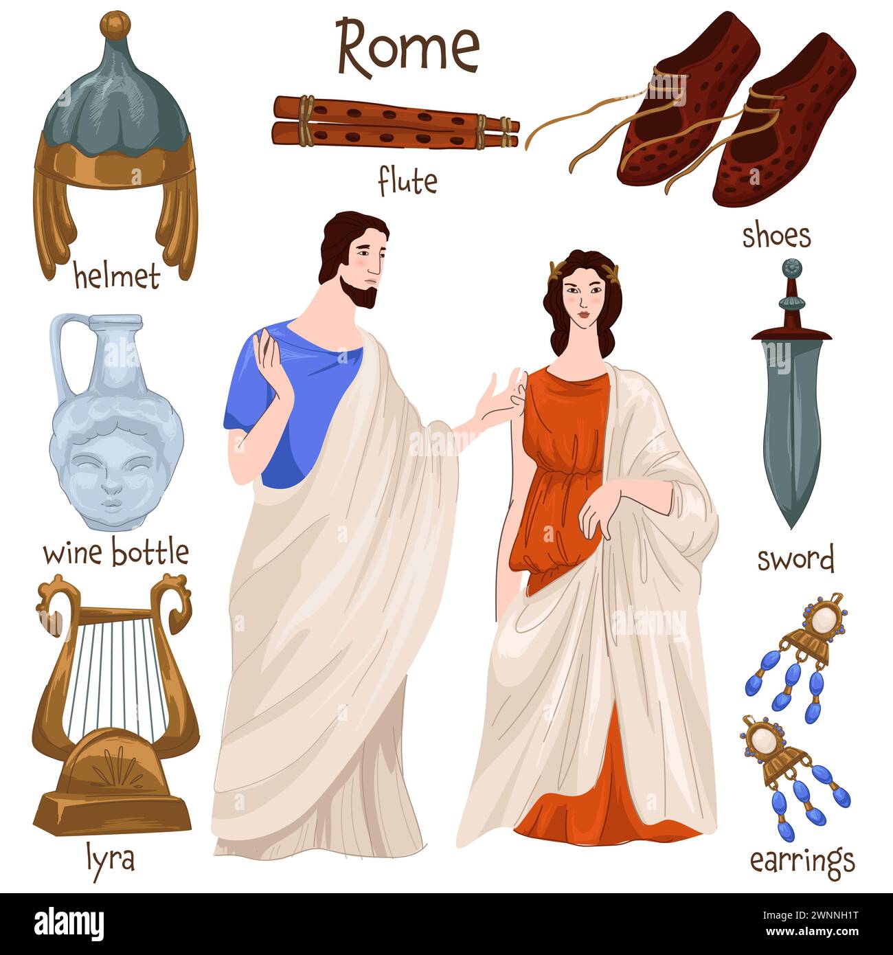 Ancient rome people and clothes, old furniture Stock Vector