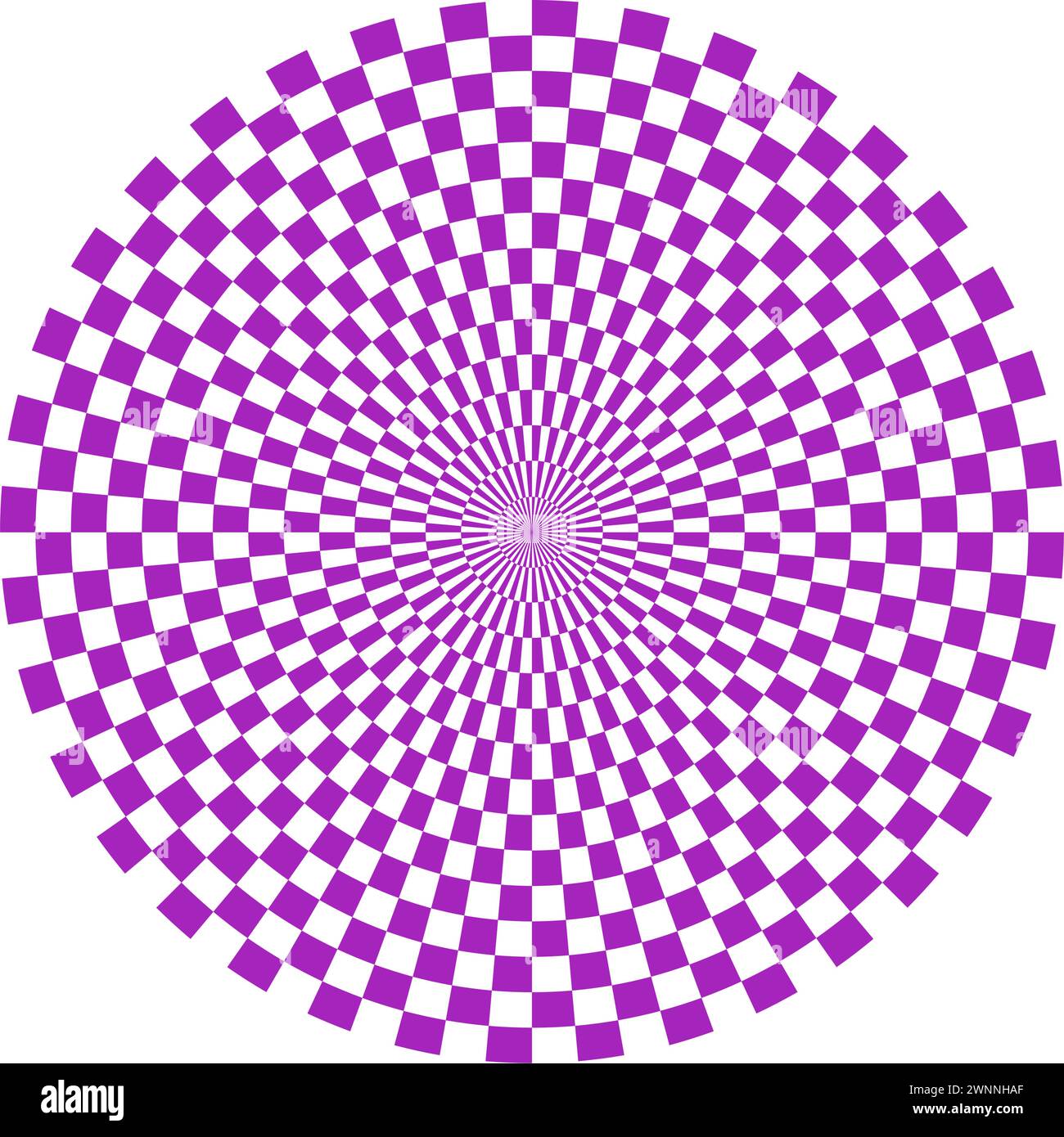 Checkered circle background. Psychedelic circle with checkerboard geometric pattern. Optical chess round background with radiating lines and squares Stock Vector