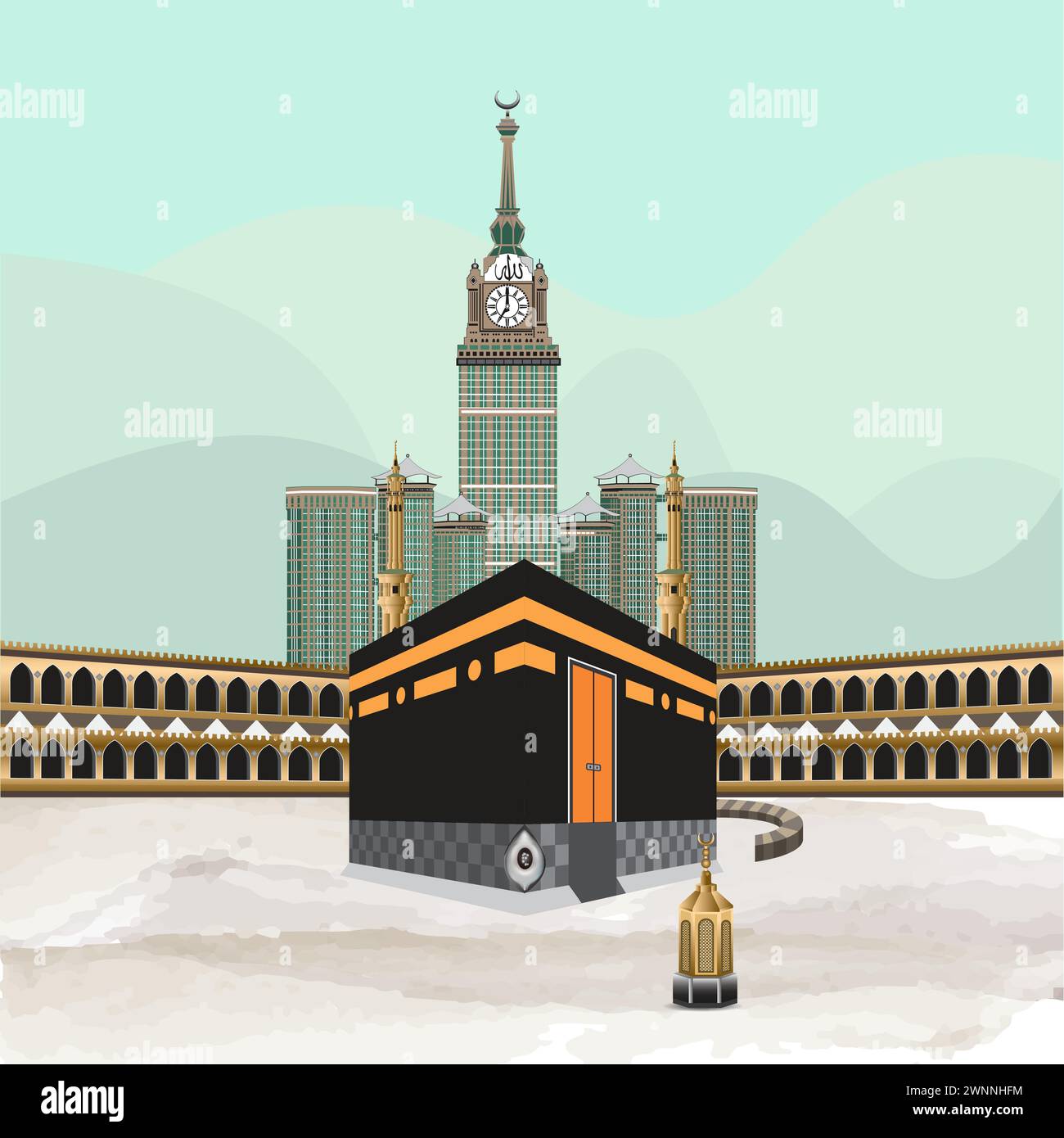 Kaaba and Towers of the Clock', formerly known as Abraj Al Bait illustration. Stock Vector