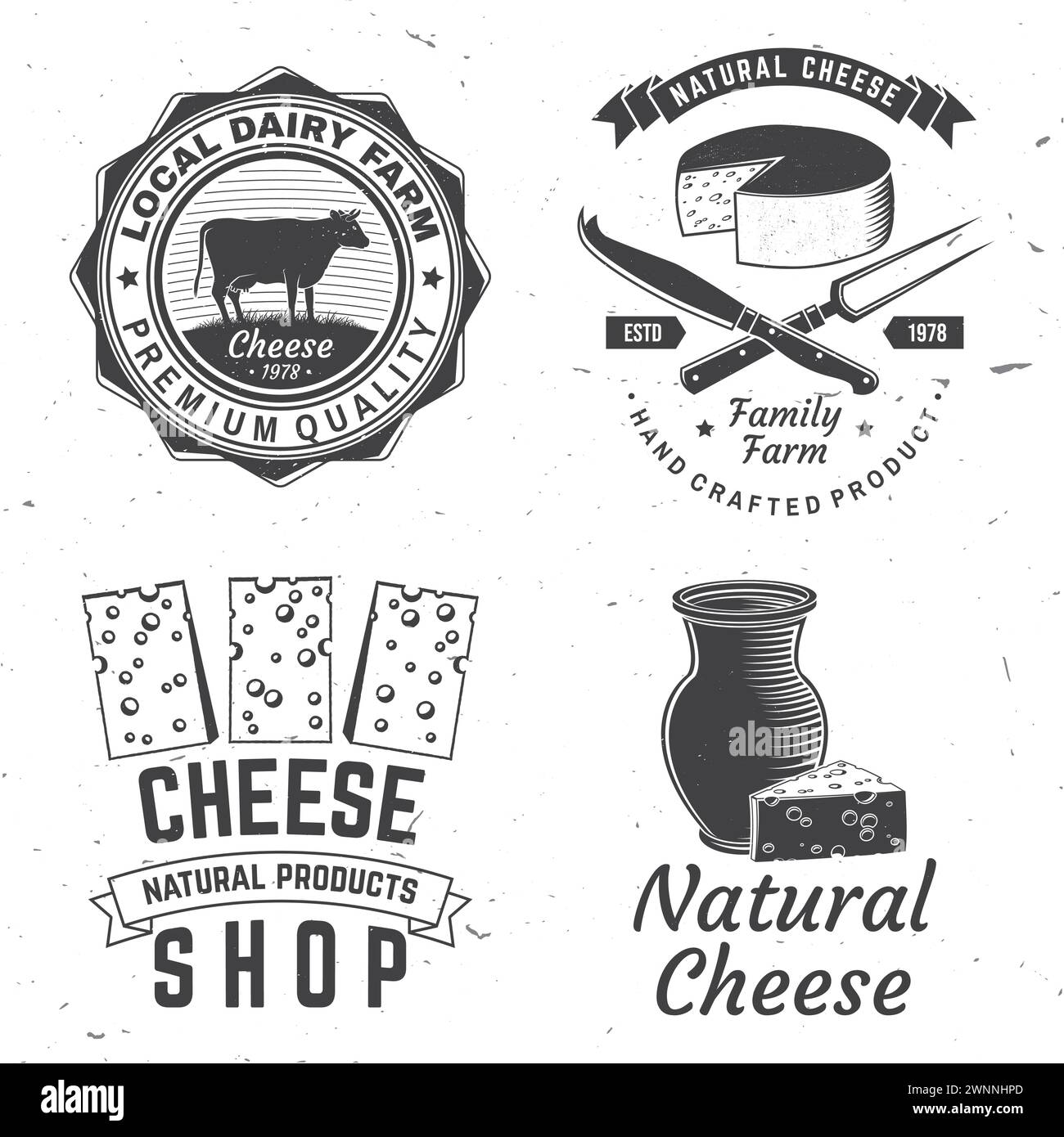 Cheese family farm badge design. Template for logo, branding design with block cheese, jug of milk, cow, fork, knife for cheese. Vector illustration Stock Vector