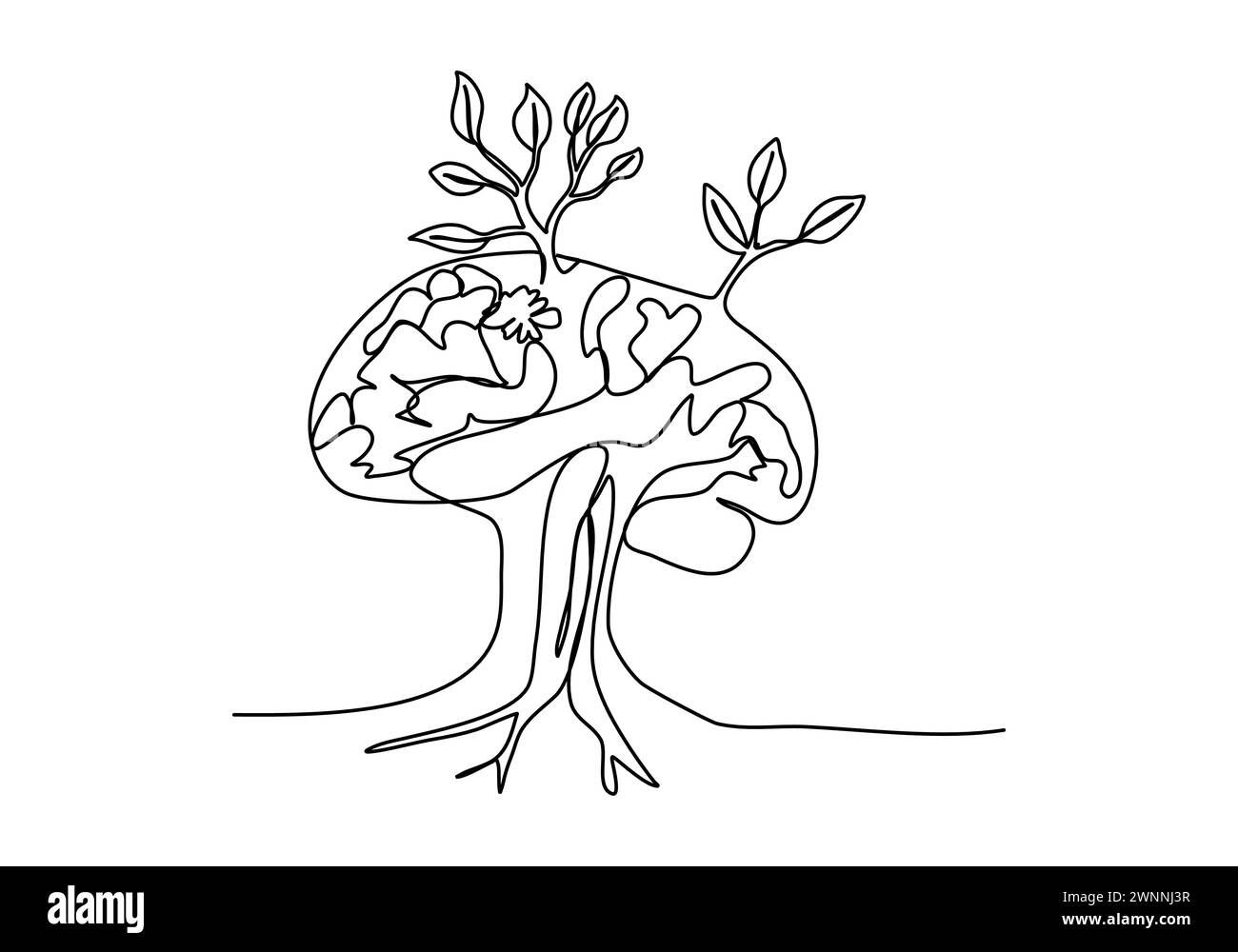 Brain with sprout, one line drawing vector illustration. Stock Vector