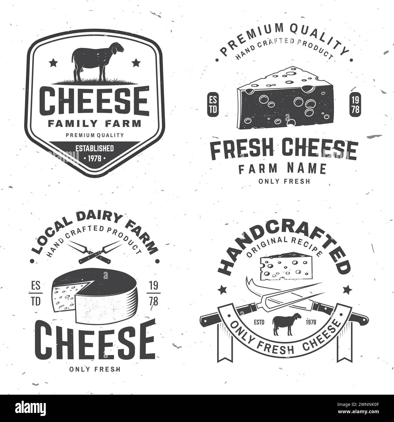 Cheese family farm badge design. Template for logo, branding design with block cheese, sheep lacaune on the grass, fork, knife for cheese. Vector Stock Vector