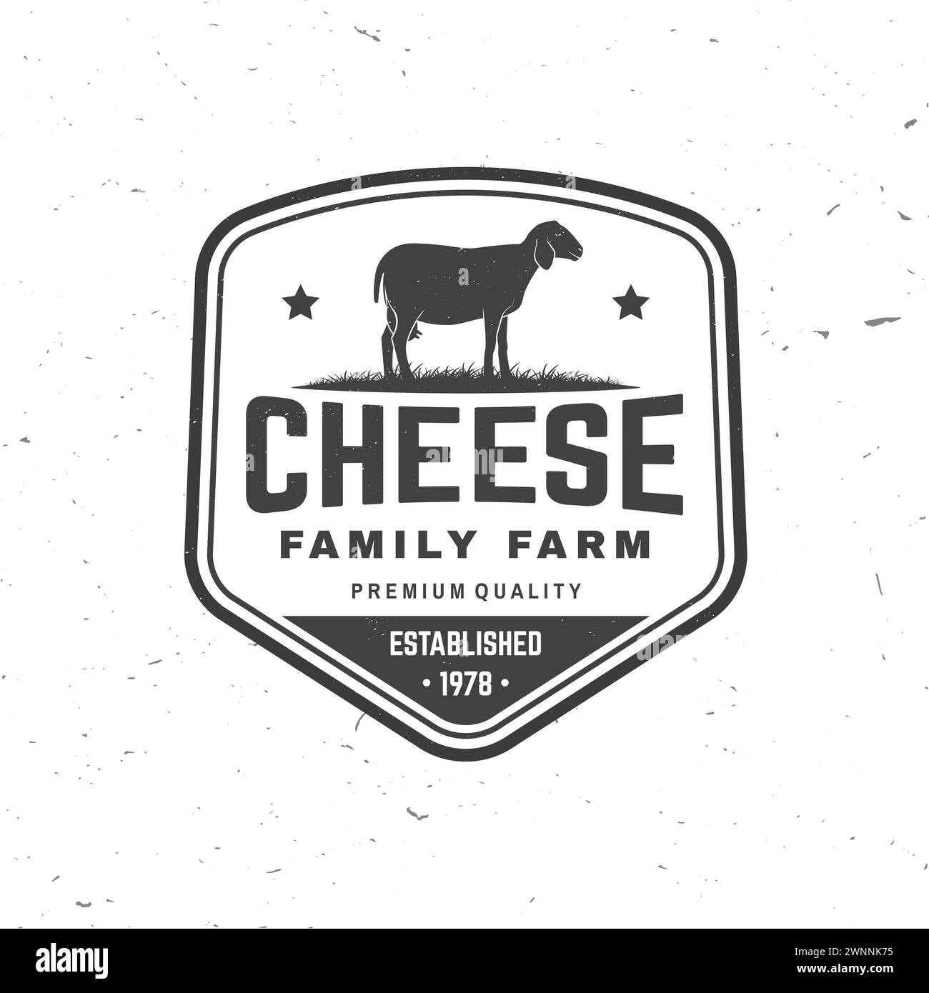 Cheese family farm badge design. Template for logo, branding design with sheep lacaune on the grass. Vector illustration. Hand crafted product cheese Stock Vector