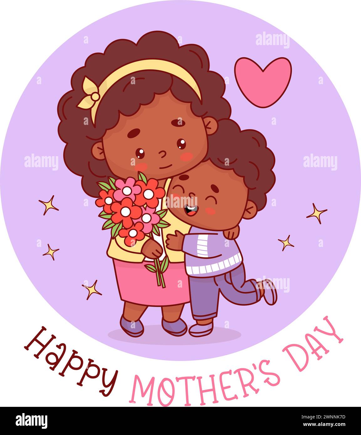 Cute black ethnic woman with boy son and bouquet flowers. Happy Mother's Day holiday card. Vector illustration flat cartoon style. Positive festive ch Stock Vector