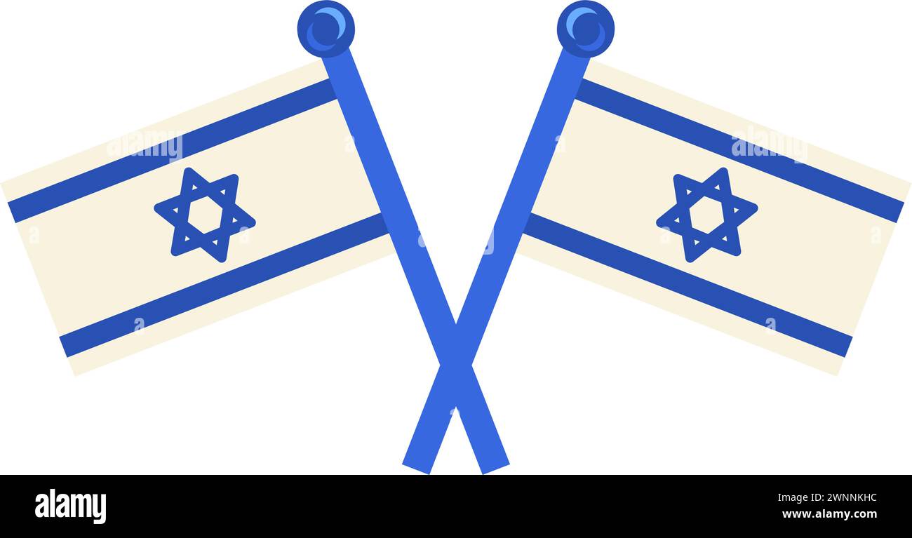 Crossed souvenir flags of Israel country on flagpole for solemn event. Solid milk style. National Israel country symbol. Color flat vector isolated on Stock Vector