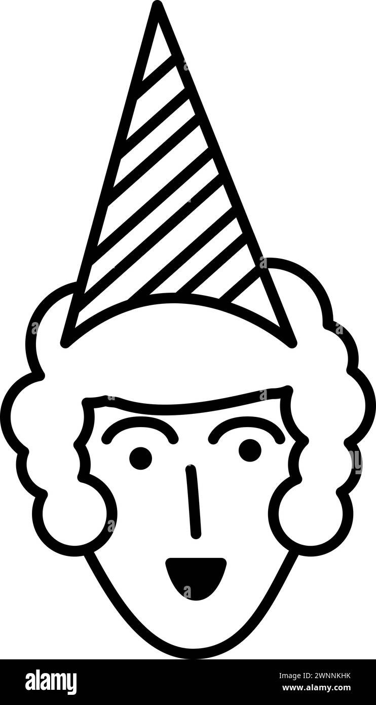 Woman face front view in cone cap placed on head, birthday party symbol. Outline of festive woman in cone cap for children entertainment center. Simpl Stock Vector