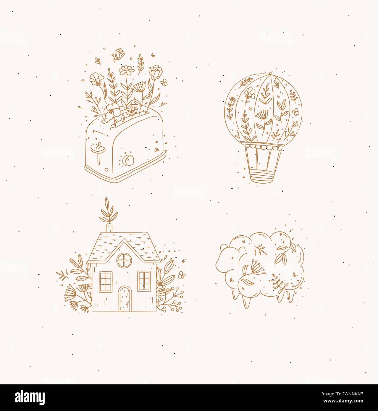 Hand drawn hot air balloon, toaster, village house, sheep icons drawing in floral style on beige background Stock Vector