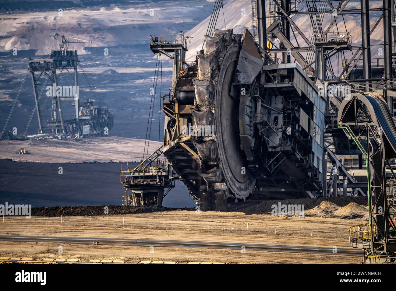 Opencast lignite mine Garzweiler, bucket wheel excavator mining overburden, coal, near Jüchen, NRW, Germany, Stock Photo