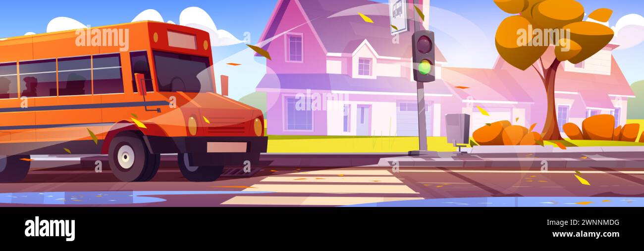 School bus riding suburban street with crosswalk on road, traffic light and pedestrian sidewalk, private houses and trees at autumn. Cartoon country f Stock Vector