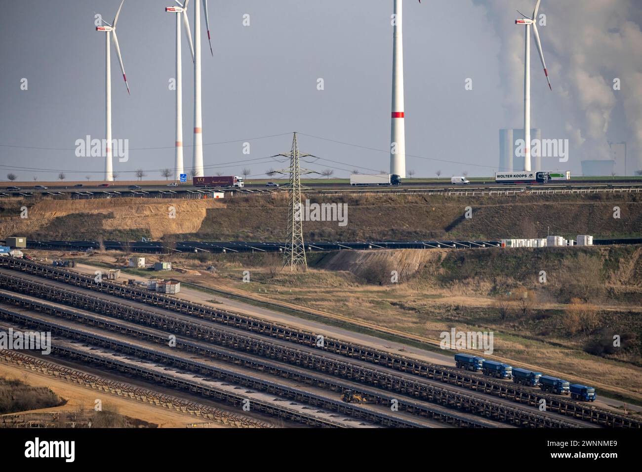 Garzweiler opencast lignite mine, conveyor belt collection point, where the conveyor belts for coal and overburden converge and are routed to the east Stock Photo