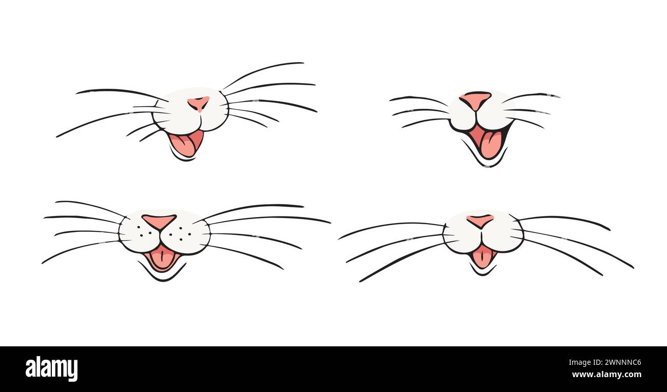 Happy cat face with nose, mustache and mouth set. Linear drawing of an animal s face, a mask for a children s party. Vector illustration isolated on w Stock Vector