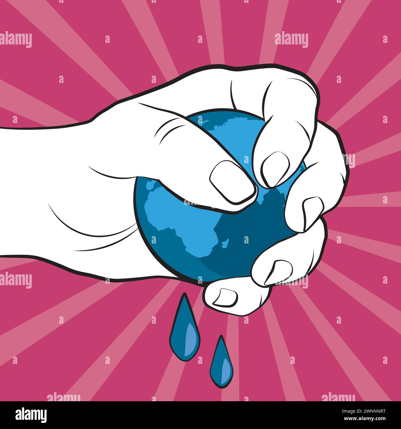 Illustrated hand squeezing a globe in pop art style Stock Vector
