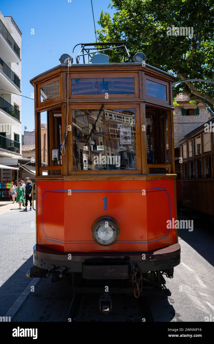 Coastal trams in Port de Soller on Mallorca Stock Photo