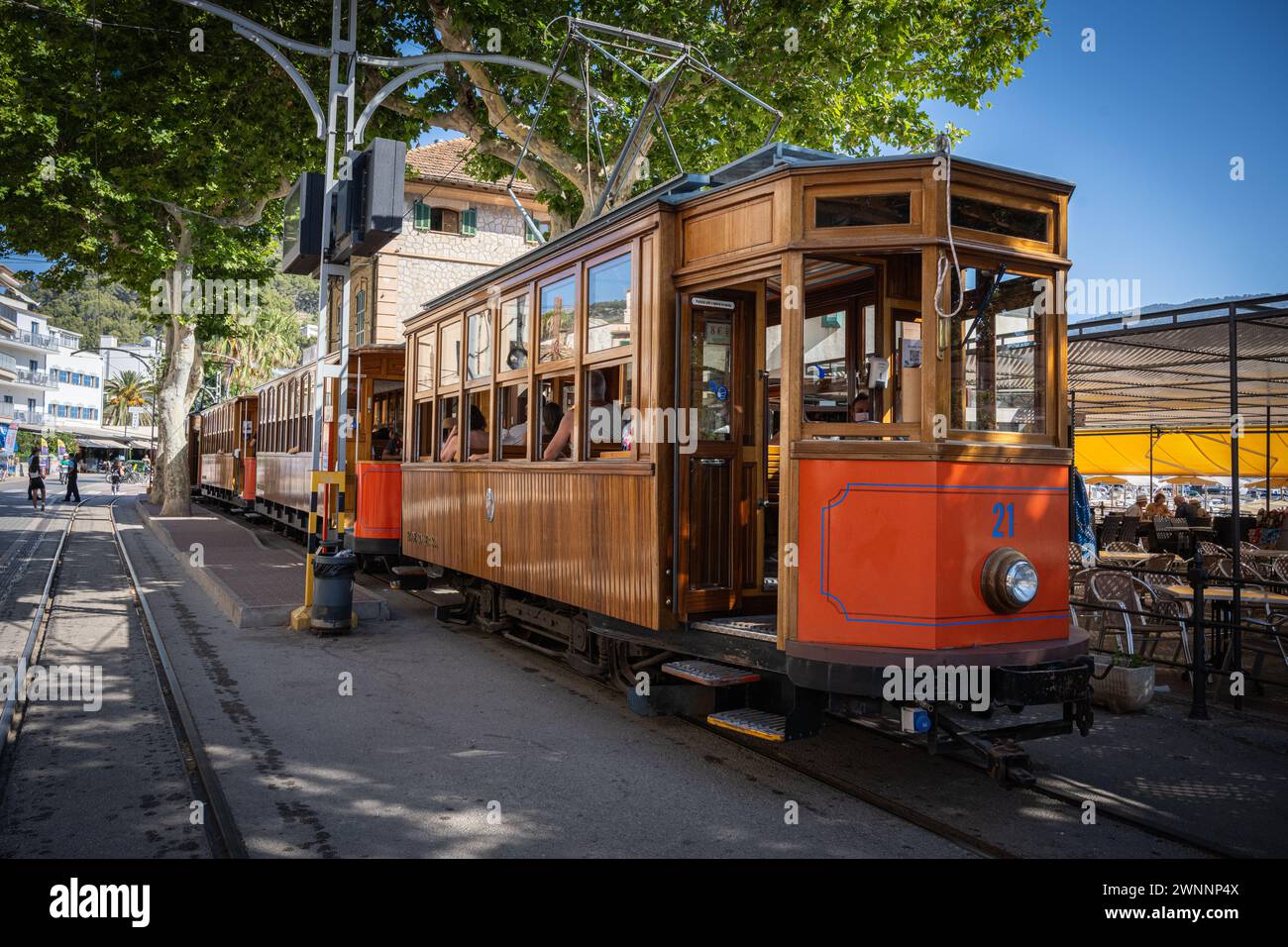 Coastal trams in Port de Soller on Mallorca Stock Photo