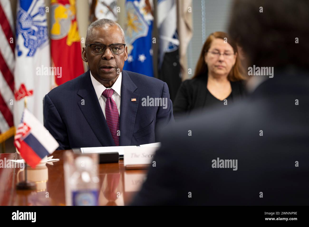 Arlington, United States Of America. 24th Jan, 2003. Arlington, United States of America. 24 January, 2003. U.S Secretary of Defense Lloyd Austin, left, speaks to Slovak Defence Minister Robert Kalinak, right, during a bilateral meeting hosted by at the Pentagon, March 1, 2024 in Washington, DC Credit: PO1 Alexander Kubitza/DOD/Alamy Live News Stock Photo