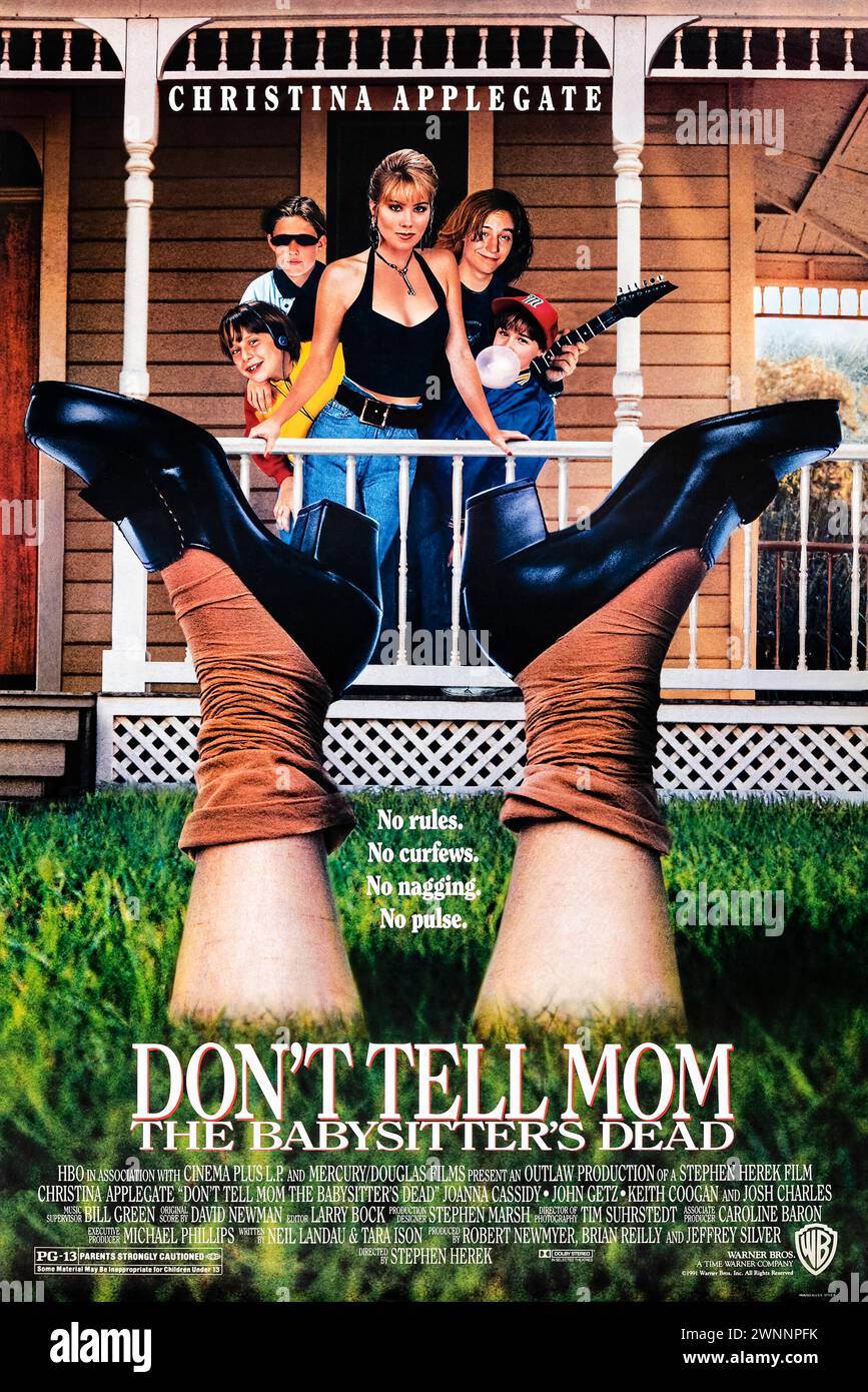 Don't Tell Mom the Babysitter's Dead (1991) directed by Stephen Herek and starring Christina Applegate, Joanna Cassidy and John Getz. Five siblings are left alone all summer when their mom leaves town and the evil babysitter bites the dust. Photograph of an original 1991 US one sheet poster. ***EDITORIAL USE ONLY*** Credit: BFA / Warner Bros Stock Photo