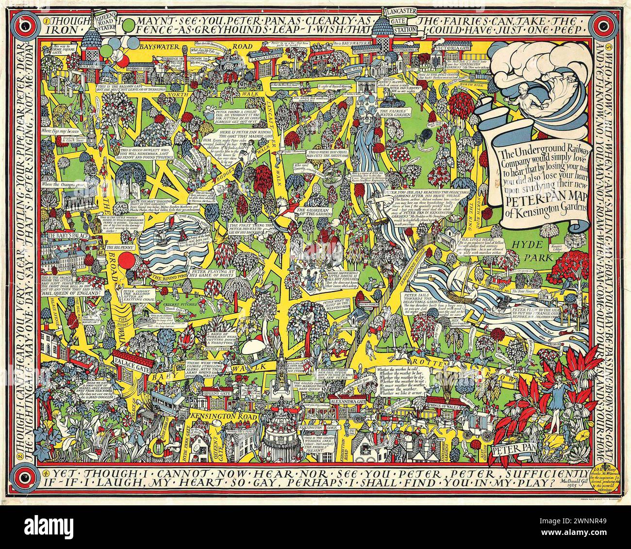 Vintage Illustrated Specialised Map.  Peter Pan Map of South Kensington, by MacDonald Gill  lithograph in colours, 1923, printed by Dobson, Molle & Co. Ltd., London, Stock Photo