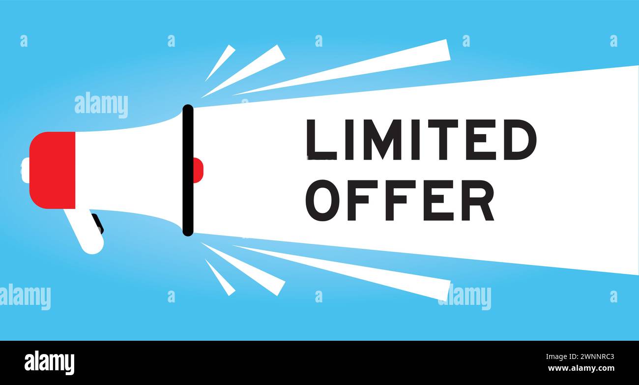 Color megaphone icon with word limited offer in white banner on blue background Stock Vector