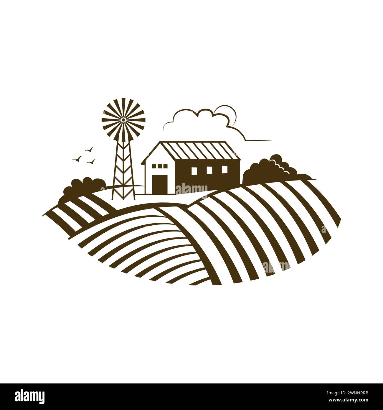 Farm barn and windmill on farmland fields, vintage countryside scene ...