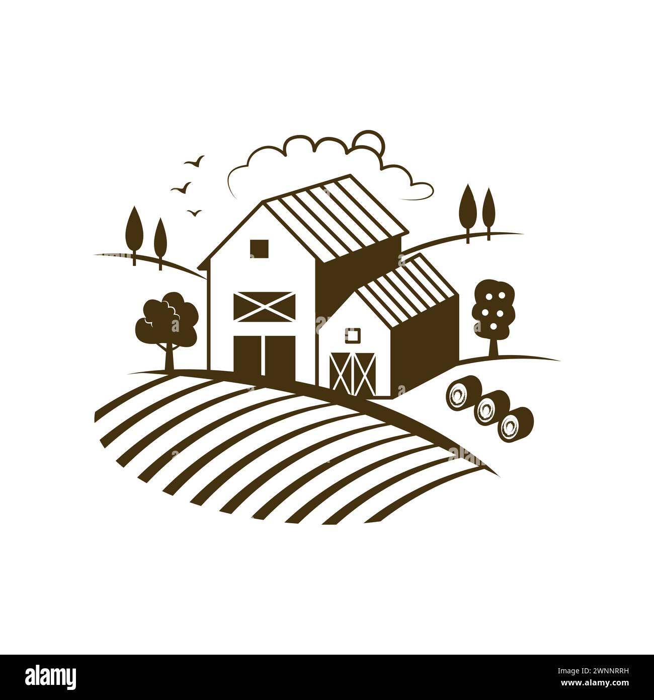 Rural retro landscape with farmers house and hay barn on farm fields ...