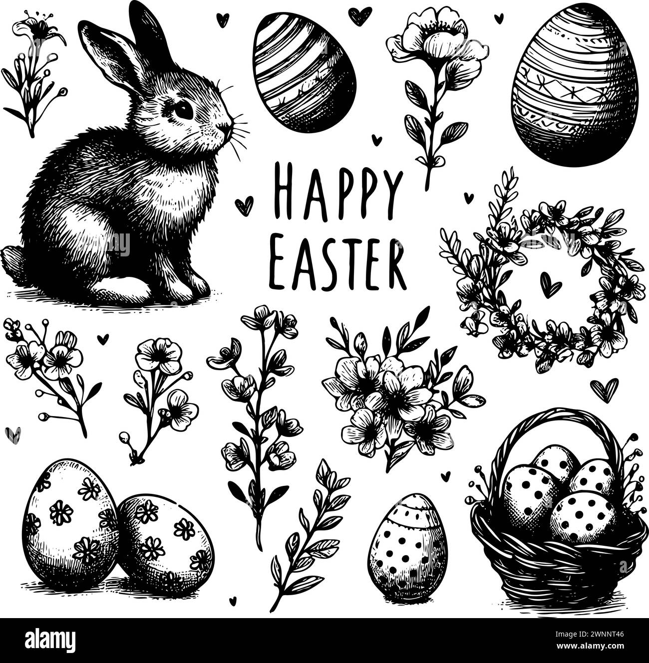 A black and white drawing rabbit and a basket of eggs with the words ...