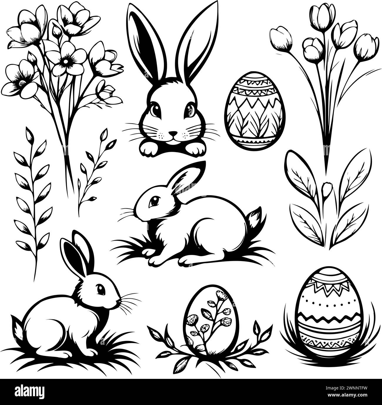 A set of black and white drawings rabbits and flowers. The rabbits are ...