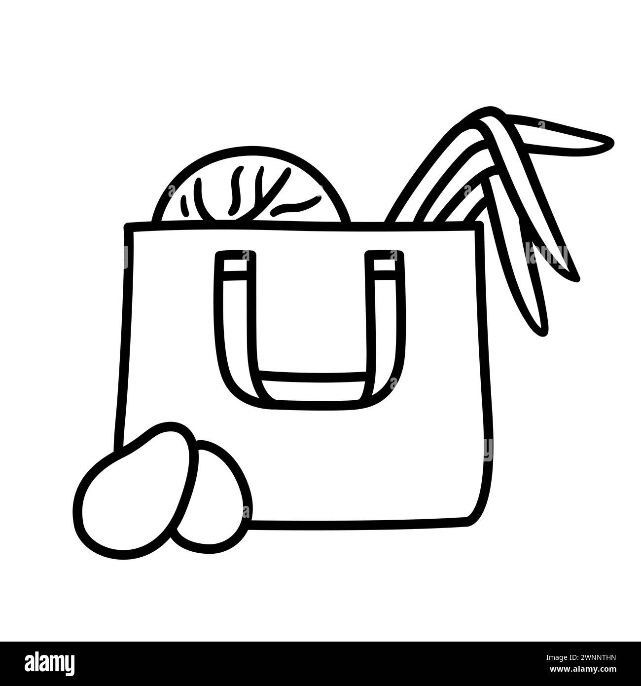 Shopping bag with fresh produce, organic vegetables from farmers market. Simple black and white doodle line icon. Hand drawn vector illustration. Stock Vector