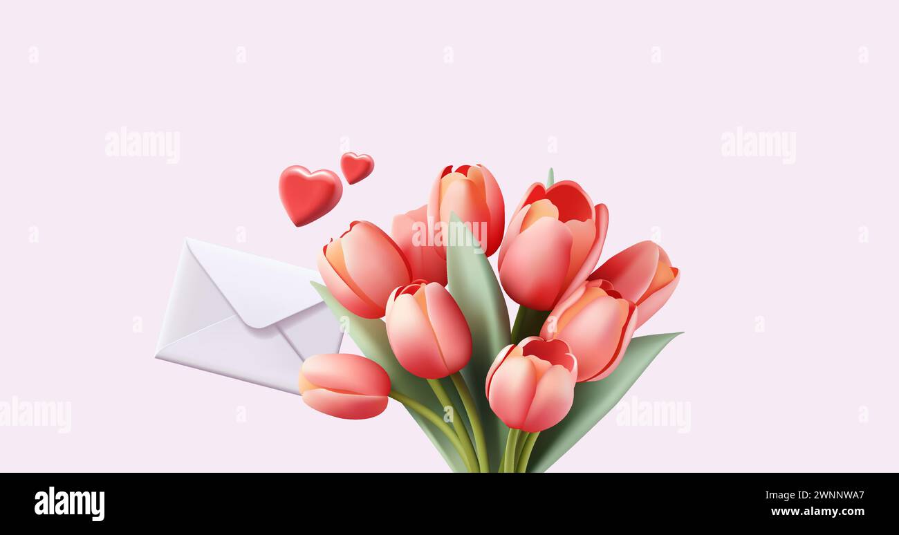 Happy valentines day greeting banner with realistic envelope and tulips ...